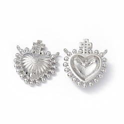 Платина Реечное покрытие экологически чистая латунь кубический цирконий 2-петлевые подвески, долговечный, без свинца и без кадмия, священное сердце с крестиком, платина, 21x17x5 мм, отверстие : 1 мм