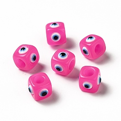 Hot Pink Resin Evil Eye European Beads, Large Hole Bead, Cube, Hot Pink, 12.5x14~14.5x14~14.5mm, Hole: 6mm