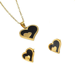 Черный 304 комплекты из серег-гвоздиков и ожерелий с подвесками из нержавеющей стали и акрила, сердце, чёрные, 400 мм
