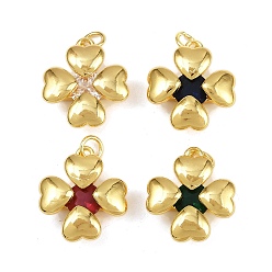 (52) Непрозрачная лаванда Латунные подвески, клевер, со стеклом и прыжковым кольцом, стойки покрытие, долговечный, без кадмия и без свинца, реальный 18 k позолоченный, разноцветные, 18x16x5 мм, отверстие : 3 мм