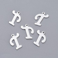 Letter T 201 подвески из нержавеющей стали, буквы, серебряный цвет гальваническим, letter.t, 14x10x1 мм, отверстие : 1 мм