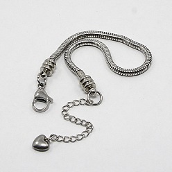 Stainless Steel Color 304 Stainless Steel European Round Snake Chains Bracelets, with Lobster Claw Clasp and Heart Charms, Stainless Steel Color, 160x3mm
