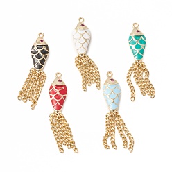 Mixed Color Eco-Friendly Rack Plating Brass Micro Pave Cubic Zirconia Pendants, with Enamel, Long-Lasting Plated, Lead Free & Cadmium Free, Real 18K Gold Plated, Fish, Mixed Color, 33x7x3mm, Hole: 1mm