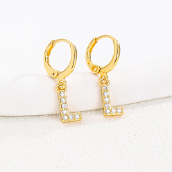 Letter L Латунные серьги-кольца из прозрачного кубического циркония, золотые, Письмо L, 25x8 мм