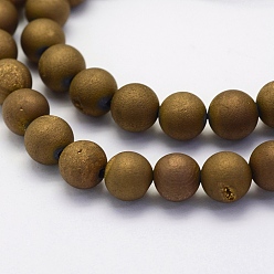 Golden Plated Electroplate Natural Druzy Agate Beads Strands, Round, Frosted, Golden Plated, 8mm, Hole: 1mm, about 45~48pcs/strand, 14.9 inch(38cm)