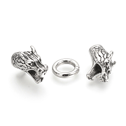 Antique Silver 304 Stainless Steel Spring Gate Rings, O Rings, with Two Cord End Caps, Dragon Head, Antique Silver, Cord End: 50x10x13mm, Hole: 6mm