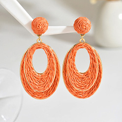 Коралловый Овальные серьги-гвоздики из рафии, золотые, коралл, 70x34 мм