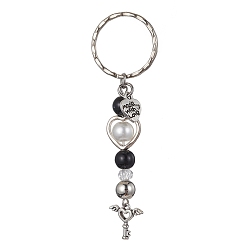 Platinum Alloy Key Charms Keychains, with Acrylic Beads and Iron Split Ring, Platinum, 8.4cm