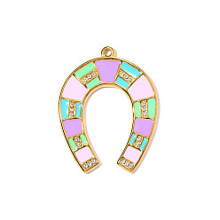Разноцветный 304 подвески из нержавеющей стали с эмалью и стразами, подкова очарование, ионное покрытие (ip), долговечный, зеркальная полировка, реальный 18 k позолоченный, красочный, 38x27 мм, отверстие : 1.8 мм