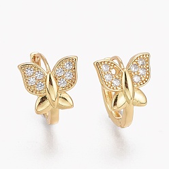 Настоящее золото 18K Серьги-кольца из латуни с микропаве из прозрачного кубического циркония, долговечный, бабочка, реальный 18 k позолоченный, 13x1.5 мм, штифты : 1 мм