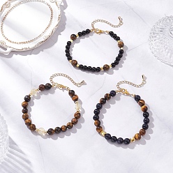 Pierre Mélangete 3 Bracelets en perles rondes en œil de tigre naturel, citrine, pierre d'or bleue synthétique et perles de verre pour femmes, 8 pouce (20.2cm) ~8 pouce (20.35cm)