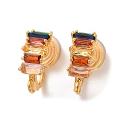 Настоящее золото 18K Фурнитура для сережек-клипс с микропаве из латуни и разноцветными кубическими цирконами, долговечный, без никеля , прямоугольные, реальный 18 k позолоченный, 20x9x14.5 мм, отверстие : 1.6 мм