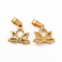 Золотой Ионное покрытие (ip) 304 брелоки из нержавеющей стали, с кристаллами горного хрусталя и 201 защелкой из нержавеющей стали на дужках, очарование лотоса, золотые, 12.5x14x2.8 мм, отверстие : 2.8x6 мм