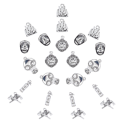 Antique Silver 24Pcs 6 Styles Tibetan Style Alloy Pendants, Flame & Fire & Flat Round & Axe & Mask & Fire Hat, Antique Silver, 4pcs/style