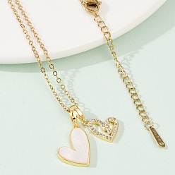 Сердце Ожерелья с подвесками из латуни с микропаве и кубическим цирконием, с ионным покрытием (IP) 304 цепь из нержавеющей стали и пластиковая имитация оболочки, стойки покрытие, реальный 18 k позолоченный, для женщин, сердце, 15.75 дюйм (40 см)