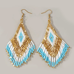 Золотистый Элегантные серьги-подвески из стеклянных бусин ручной работы в форме ромба, золотые, золотые