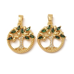 Real 18K Gold Plated Brass Micro Pave Green Cubic Zirconia Pendants, Round with Tree of Life Charms, Real 18K Gold Plated, 18.5x16.5x3.5mm, Hole: 2x4.5mm