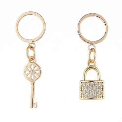 Golden Brass Dangle Stud Earrings, Asymmetrical Earrings, with Brass Micro Pave Cubic Zirconia Pendants, Plastic Ear Nuts and Cardboard Boxes, Lock & Key, Golden, 27~31mm, Pin: 0.7mm