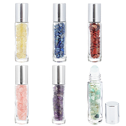 Mixed Stone Glass Roller Ball Bottles, Essential Oil Refillable Bottle, with Gemstone Chip Beads, for Personal Care, 85x20mm, Beads: 3x11~3x7mm, Capacity: 10ml, 6 materials, 1bottle/material, 6bottles/set