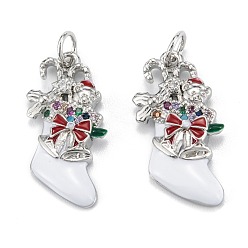 Платинированный Рождественские тематические латунные подвески с микропаве и фианитами, с эмалью и кольцом для прыжков, долговечный, рождественский носок, Реальная платина, 22x13x3 мм, Перейти кольцо: 5x0.7 мм, 3.6 мм внутренним диаметром