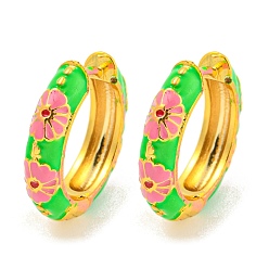 Лайм Латунные серьги обруча, с цветочной эмалью, без кадмия и без свинца, долговечный, реальный 18 k позолоченный, желто-зеленые, 19x4.5 мм