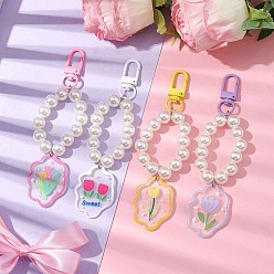 Mixed Color Alloy Acrylic Pendant Decorations, with Imitation Pearl Acrylic Beads, Flower Patterns, Mixed Color, 126mm, 4pcs/set