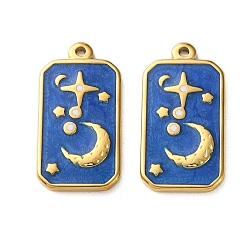 Средно-синий 304 подвески из нержавеющей стали, прямоугольник с лунными подвесками, с эмалью, ионное покрытие (ip), золотые, светло-синий, 25.5x13x2 мм, отверстие : 1.5 мм