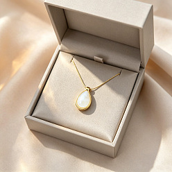 Floral White 304 Stainless Steel Resin Teardrop Pendant Necklaces for Women, Golden, Floral White, 15.75 inch(40cm)