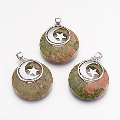 Унакит Природные подвески Unakite, с латунной фурнитурой платинового цвета, плоские круглые с Луны и звезды, 32x28x7 мм, отверстие : 4x5 мм