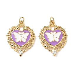 Настоящее золото 18K Латунные микро проложить кубического циркония подвески, Эмаль стиле, сердце с бабочкой, реальный 18 k позолоченный, 27x21x3 мм, отверстие : 3.5 мм