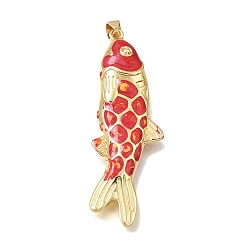 Red Brass Enamel Pendants, Fish Charms, Cadmium Free & Lead Free, Rack Plating, Long-Lasting Plated, Real 18K Gold Plated, Red, 49x17x6.5mm, Hole: 4x4mm