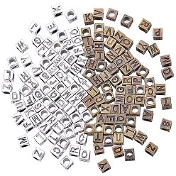Антично-бронзовый и Антично-серебристый Европейские сплавочные бусины тибетского стиля , бусины с большим отверстием, Куб с алфавитом, включая букву a ~ z, античная бронза и старинное серебро, 7.1x7.1x7.1 мм, отверстие: 4.8 мм, 26 шт / комплект, 6 Установка / коробка, 156 шт / коробка