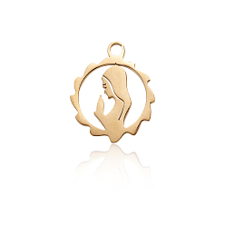 Золотой 304 подвески из нержавеющей стали, тема религии, плоские круглые с богиней, золотые, 17x14x1 мм, отверстие : 1.8 мм