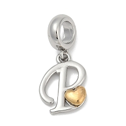 Letter P Латунные европейские подвески с подвесками, подвески в форме сердца с большими отверстиями, платиной и золотом, Письмо P, 25.5~30.5 мм, отверстие : 6 мм