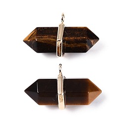 Тигровый глаз Двойные заостренные подвески с натуральным тигровым глазом, граненые подвески в форме пули с фурнитурой из сплава, золотые, 20~21x34.5~36x17~18 мм, отверстие : 3 мм