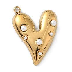 Золотой 304 подвески из пластика и нержавеющей стали с жемчугом, сердце, золотые, 25.5x18.5x4.5 мм, отверстие : 1.6 мм