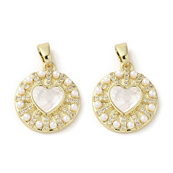 Настоящее золото 18K Подвески из латунных ракушек, Подвески-сердечки с имитацией жемчуга из АБС-пластика и хрустальными стразами, реальный 18 k позолоченный, 20.5x18x3.5 мм, отверстие : 3x5 мм