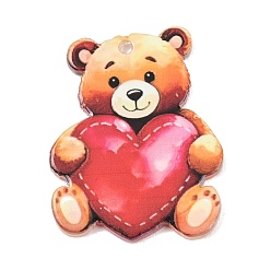 Медведь Непрозрачные акриловые подвески с принтом ко Дню святого Валентина, медведь, 35x28x2.5 мм, отверстие : 1.8 мм