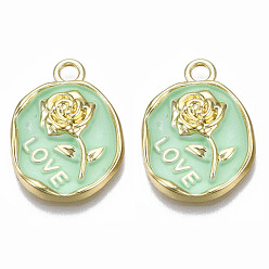 Аквамарин Стойки обшивки сплава эмали подвески, золотой свет, без кадмия, без никеля и без свинца, овал с розой и словом любовь, аквамарин, 21x16x3 мм, отверстие : 1.6 мм