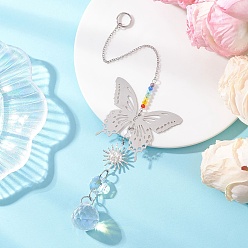 Нержавеющая Сталь Цвет Стеклянные бусины и 201 подвесные ловцы солнца в виде бабочек из нержавеющей стали, для садовых оконных украшений, цвет нержавеющей стали, 257 мм