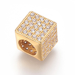 Golden Brass Micro Pave Cubic Zirconia European Beads, Large Hole Beads, Cube, Clear, Golden, 8x8x8mm, Hole: 5mm