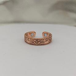 Red Copper Brass Cuff Open Rings for Men, Flower, with Magnet, Red Copper, 15~20mm