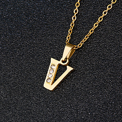 Letter V 201 ожерелья с подвесками из нержавеющей стали и стразами, золотые, Буква V, 17.72 дюйм (45 см), Кулон : 16x5 мм