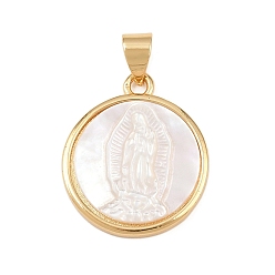 Virgin Натуральный белый оболочки плоские круглые подвески, с латунной, реальный 18 k позолоченный, долговечный, без кадмия и без свинца, стойки покрытие, девственница, 19.5~20x17x3~3.5 мм, отверстие : 4.5x3.5 мм