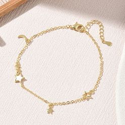 Real 18K Gold Plated Brass Enamel White Charm Bracelets, Moon & Star, Long-Lasting Plated, Rack Plating, Lead Free & Cadmium Free, Real 18K Gold Plated, 6.69 inch(17cm)