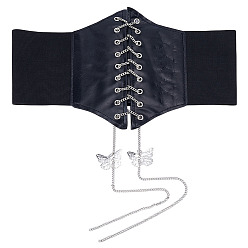 Черный Широкие эластичные корсетные ремни из искусственной кожи, Эластичные пояса под грудью с кисточкой-бабочкой из сплава для женщин и девочек, платина, чёрные, 690x192x1.5 мм