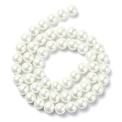 White Eco-Friendly Dyed Glass Pearl Round Beads Strands, Grade A, Cotton Cord Threaded, White, 8mm, Hole: 0.7~1.1mm, about 52pcs/strand, 15 inch