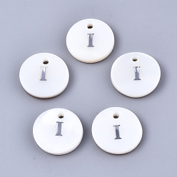 Letter I Natural Freshwater Shell Pendants, with Platinum Plated Iron Etched Metal Embellishments, Flat Round with Initial Letter, White, Letter.I, 11x2mm, Hole: 1.5mm