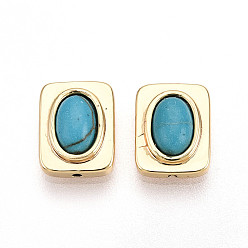 Настоящее золото 18K Латунные бусины из синтетической бирюзы, прямоугольные, реальный 18 k позолоченный, 9.5x7.5x3.5 мм, отверстие : 0.8 мм