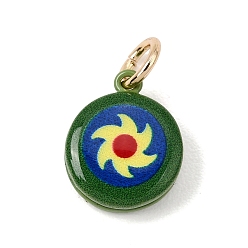 Dark Green Printed Brass Charms, Round with Sun Charms, Golden, Dark Green, 14x11.5x4.5mm, Hole: 4mm